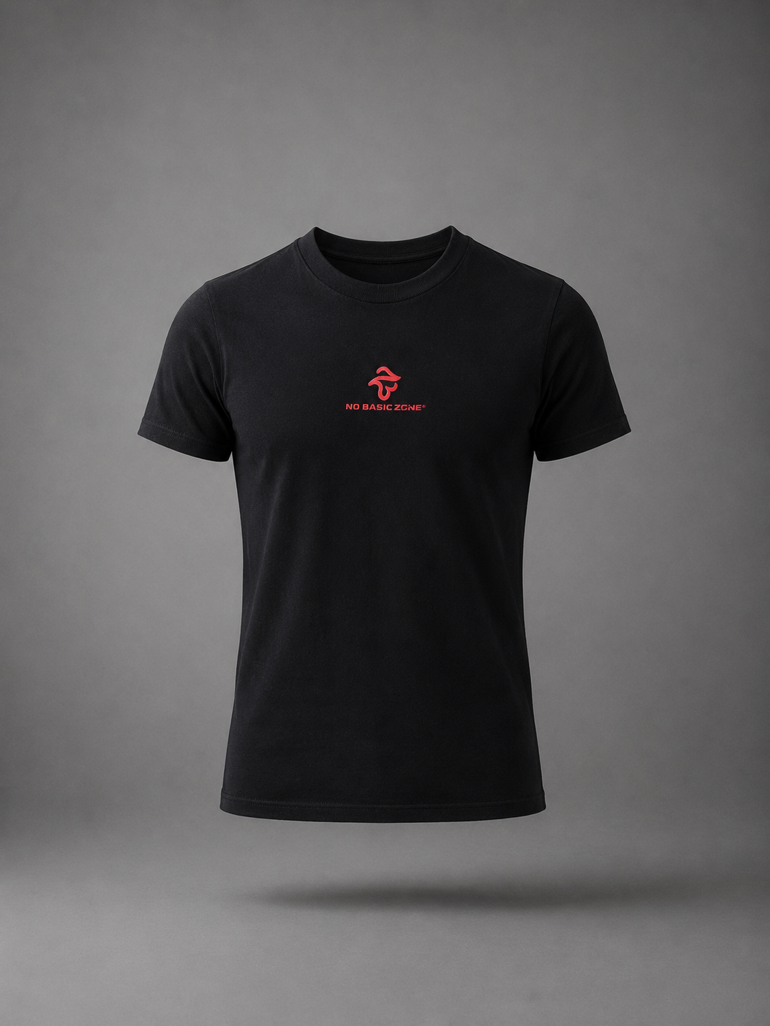 Camiseta negra con logo rojo de la marca No Basic Zone, estilo slim fit para hombre o mujer, vista frontal.